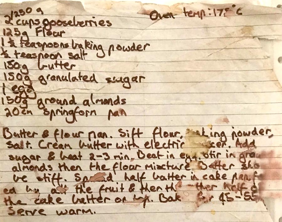 Handwritten ingredients for gooseberry and almond cake